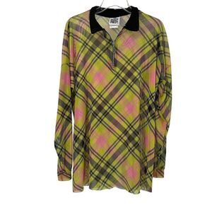 Ragged Priest Top Mesh Tunic Yellow Plaid Size S Long Sleeve Collared 1/4 Zip